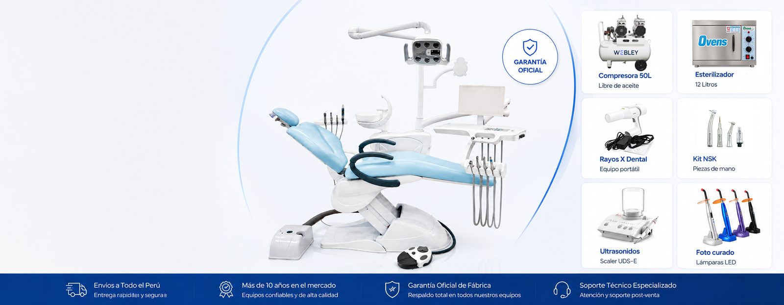 Equipos dentales certificados Lima Perú — unidad dental, compresora 50L, esterilizador, rayos X dental