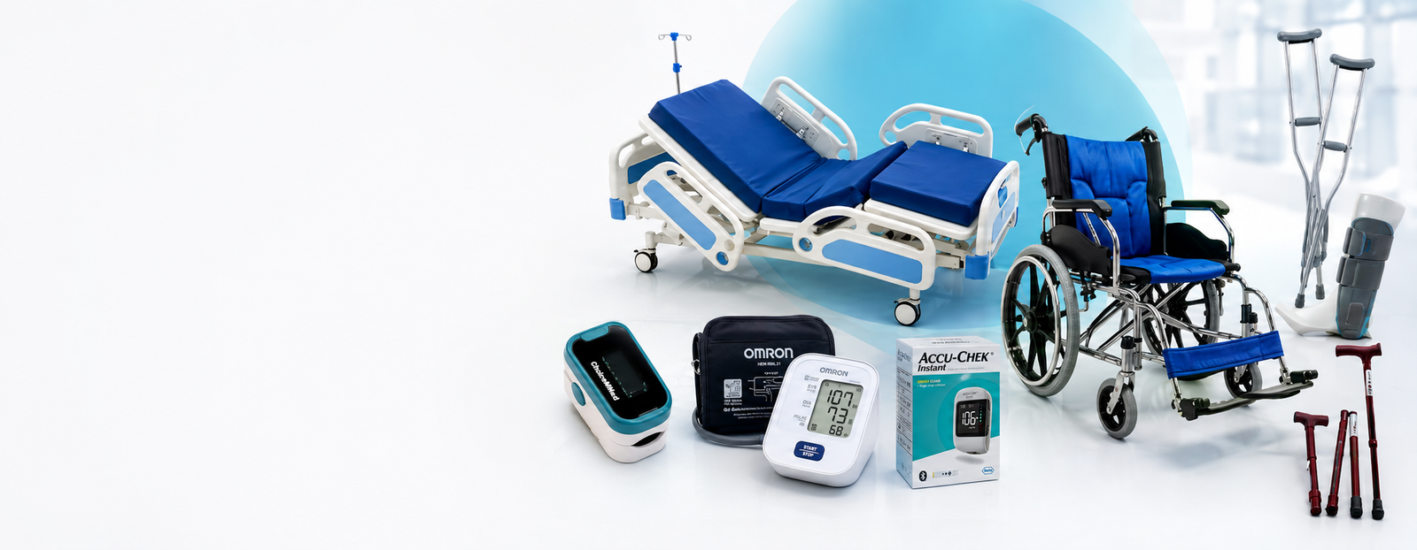 Equipos médicos y ortopédicos Lima Perú — silla de ruedas, cama clínica, tensiómetro OMRON, oxímetro, glucómetro